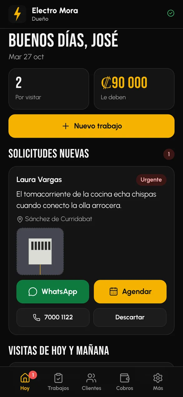 Pantalla de inicio de Maistro con las visitas del día y lo que le deben